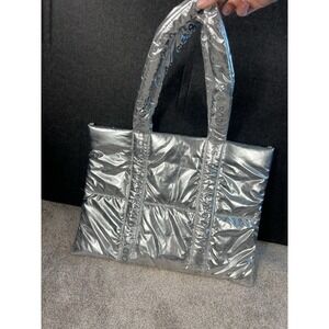 NWT Bath  & Body Works Silver Puffy Tote Bag Quilted Metallic Logo Holiday NEW